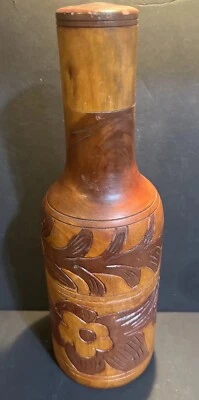 Vintage Hand Carved 2 Piece Wood Hollow Bottle Haiti Folk Art Floral Two Tone - Image 1 of 4