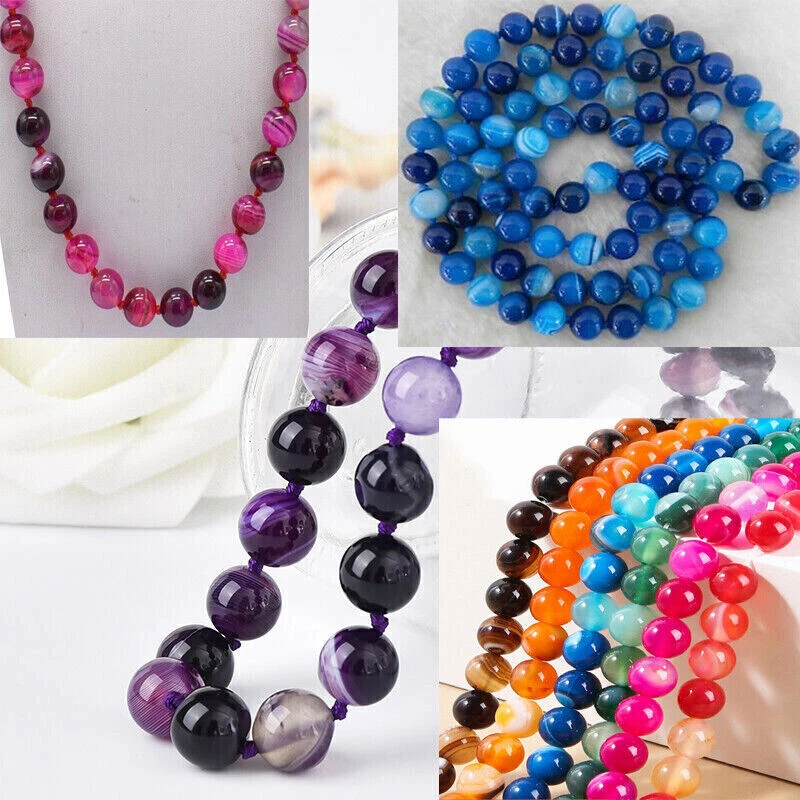 16-50" 6/8/10/ 12mm Multicolor Striped Agate Onyx Round Gems Beads Knot Necklace - Image 1 of 4