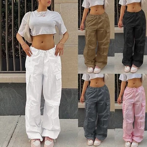 Women Casual Baggy Wide Leg Sweatpants Drawstring Low Waist Cargo Pants Trousers - Picture 1 of 41
