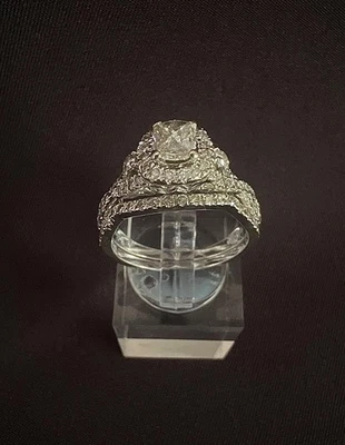 14K Solid White Asscher-Cut Diamond Engagement Ring Set - Image 1 of 4