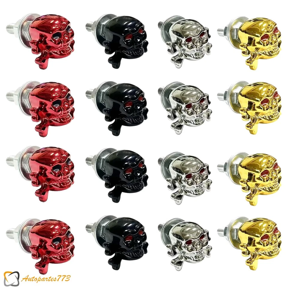 4 Custom Skull Red Gem Eyes License Plate Frame Bolts - Motorcycle Tag Fastener - Image 1 of 1