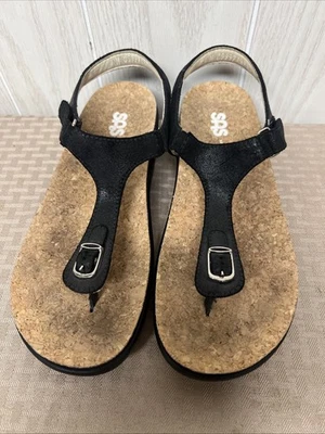 SAS Womens Thong Sandals Tripad Comfort Sz 7.5 T Strap Black Leather Shoes - Image 1 of 4