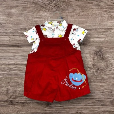Set pantaloncini e camicia bambino vintage anni 90 senza marchio taglia 6-9 mesi cowboy - Immagine 1 di 4