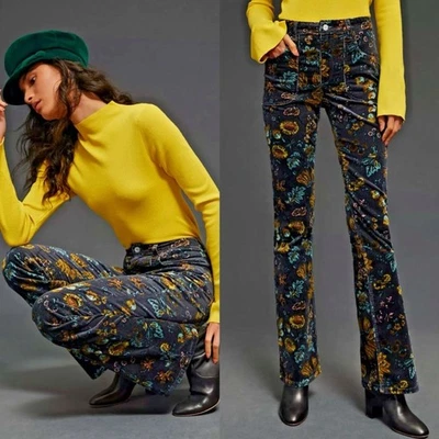 Anthropologie PILCRO ICON ACAMPANADO SUAVE PANA PANTALONES VAQUEROS NEGRO FLORAL talla 30 Foto 1 de 4
