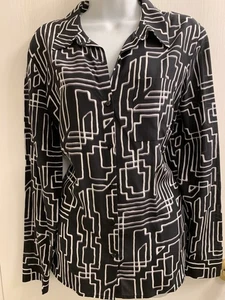 NEU MIT ETIKETT WORTHINGTON 100 % SEIDE SCHWARZ & WEISS GEOGRAPHIT LANGARM BLUSE GRÖSSE LG - Bild 1 von 6