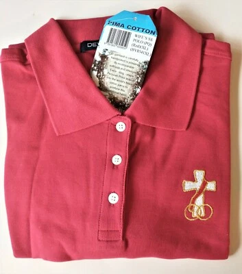 Women's Red Peruvian Cotton SS Polo Shirt with Embroidered Deacon Wife's Cross - Image 1 of 4
