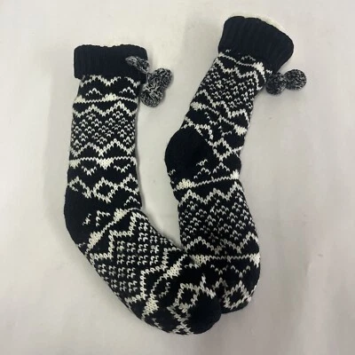 Womens Fair Isle Sherpa Lined Slipper Socks w Grippers One Size Dark Black/White - Image 1 of 4