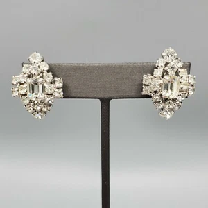Late Art Deco Clear Rhinestone Marquise Rhodium Plate Clip Earrings - Picture 1 of 12