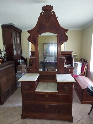 Antique Victorian Marble Top Walnut Dresser w/ Drop Center & Burl - Image 1 of 4