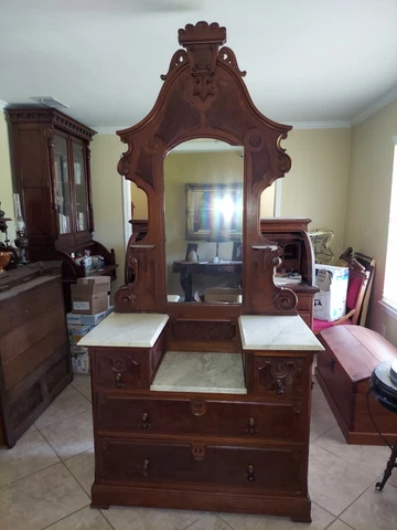 Antique Victorian Marble Top Walnut Dresser w/ Drop Center & Burl Cover