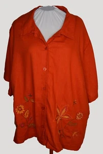 LAST CHANCE Size 34W burnt orange Top Linen Blend S/S Blouse embroidered flowers - Picture 1 of 5