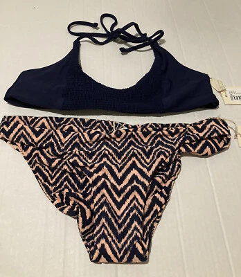 NWT Tori Praver Swimwear Seafoam Bikini Set M bottom & L  top Peach / Navy Blue - Image 1 of 4