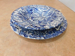 Churchill Staffordshire England Ceramic Blue Rose Plate & Salad Bowl - Picture 1 of 7