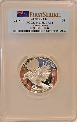 2018-P $8 Australia Kookaburra 5 oz Silver Coin PCGS HR PR70DCAM COA + Box - Image 1 of 4