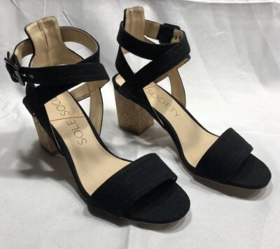 Sandalias de tacón de corcho Sole Society negras de lona Zahara para mujer talla 7 nuevas QVC Foto 1 de 4
