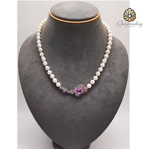 Genuine Natural 7mm White Sea Pearl Necklace Hallmark 950 Platinum Pink Crystal - Picture 1 of 21