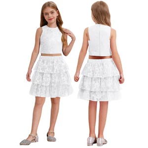 Girls Dance Outfit Metallic Floral Lace Sequin Set Trendy Round Collar Charm - Picture 1 of 40