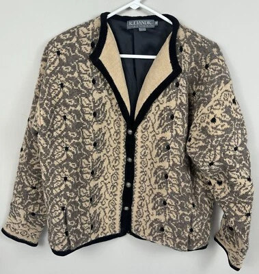 Cárdigan Suéter Chaqueta Med Diseño Islandés Floral Beige Mezcla de Lana Abotonada Foto 1 de 4