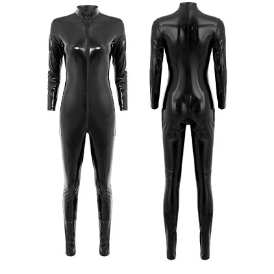 DE Damen Wetlook Bodysuit Ganzkörperanzug Mit Zipper Langarm Einteiler Clubwear - Bild 1 von 4