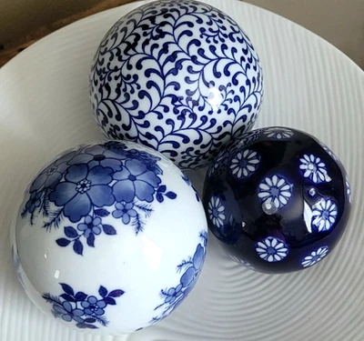 Старинный винтажный фарфор керамический синий/белый ковер мяч набор из 3 смешанных размеров EC - Изображение 1 из 4