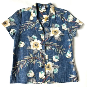 Camisa Hawaiana Reyn Spooner Mujer M Botón Azul Floral Vintage Estampado Reverso - Imagen 1 de 4