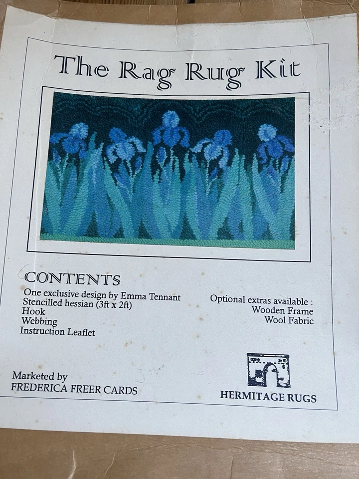 Vintage Emma Tennant Irises Rag Rug Kit Canvas+Prodder Hook + Trim 36 X24 in - Image 1 of 4