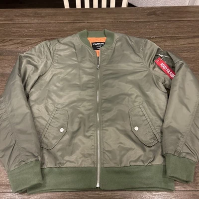 Carbon Bomber Jacket Men's Small Green Full Zip Orange Quilted Lining - Image 1 of 4