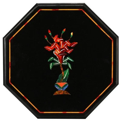 15" Octagonal Black Floral Marble Table with Inlay – Handmade Geometric Art - Image 1 of 4