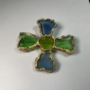 Broche prendedor cruz verde y azul resina vertida alegría firmado vintage bisutería - Imagen 1 de 3