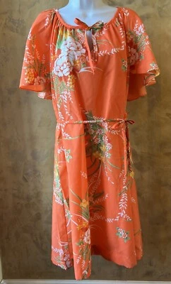 Vestido Floral Vintage Hilo Hattie Naranja Hawaiano M 100% Tela Pongee Foto 1 de 4
