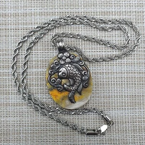 Vintage Fisch Design 925 Silber Hummel Jaspis Anhänger Edelstahl Kette - Bild 1 von 16