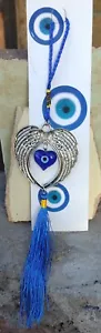 Azul Turco Mal de Ojo Pared Puerta Colgante Amuleto Alas de Ángel 10" Nuevo - Imagen 1 de 2