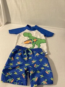 Carter's blue dinosaur swim trunks with matching rash guard swim set boys 7 - Picture 1 of 8