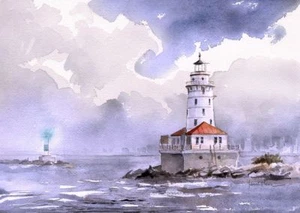 Faro del puerto de Chicago, lago Michigan, Illinois. Impresiones en acuarela de James Mann - Imagen 1 de 2