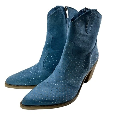 Emanuele Crasto Blue Suede Studded Cowboy Western Boots Womens 8.5 Made in Italy - Image 1 of 4
