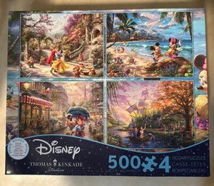 Disney Thomas Kinkade 4 Puzzle Set Mickey Minnie Snow White Pocahontas 500 pc Ea - Picture 1 of 4