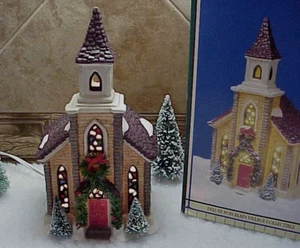 Vintage Christmas Valley Lighted Church Building 1994 Porcelain 8 1/2" Tall Box - Picture 1 of 16