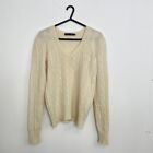Ralph Lauren Cable Knit Jumper Womens Size L Fit As M Cream Wool Blend V Neck
