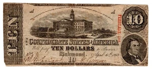 1863 CONFEDERATE STATES OF AMERICA $10 DOLLAR RICHMOND NOTE - Picture 1 of 2