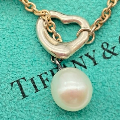 Tiffany & Co. Corazón Abierto Perla Lariat Colgante Collar 16" Elsa Peretti 5.7g Foto 1 de 4