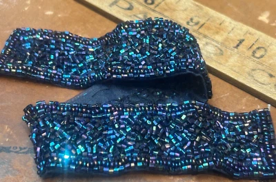 beaded strip trim 1 3/8x10 3/4" glass hand sewn  navy 1pc Clearance Sale - Image 1 of 4