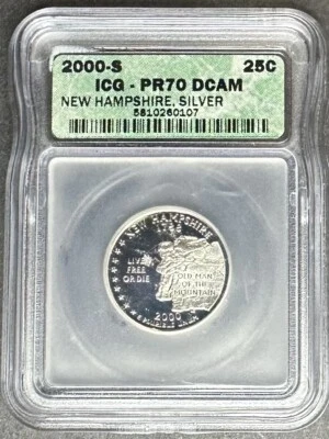 2000-S Silver Proof New Hampshire Quarter ICG PR-70 DCAM, Buy 3 Items Get $5 Off - Image 1 of 2