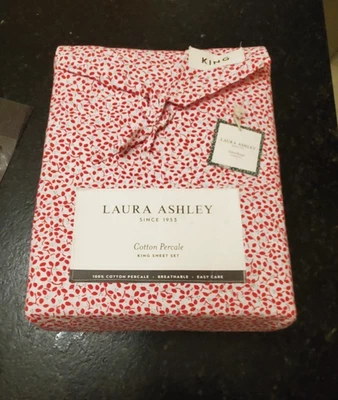 Laura Ashley King Sheet Set Jolly Holly Red 4pc  Holiday - Image 1 of 4