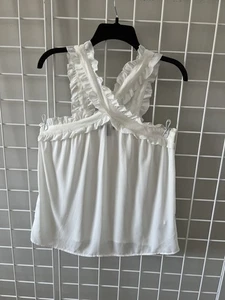Mujer J. Camiseta sin mangas Crew blanca con volantes cruzados semi transparente talla 6 de alto - Imagen 1 de 8