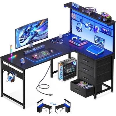 Mesa de Oficina Reversible Escritorio de Computadora en Forma de L Escritorio para Juegos con Gancho y Luces LED Foto 1 de 4