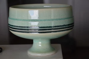 Vtg Japanese Ikebana Pottery Planter MCM Footed Pedestal Aqua GREEN Crackle 7" - Picture 1 of 7
