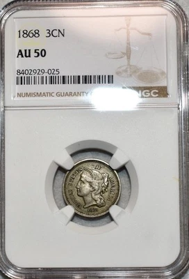 NGC AU-50 1868 Nickel Three Cent Piece, Richly Hued w/ Light Luster. - Image 1 of 4