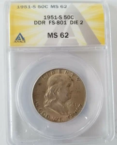 1951 S Benjamin Franklin Half Dollar .50C . DDR FS-801 Die 2 . ANACS MS-62 - Picture 1 of 4