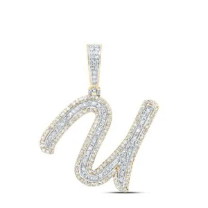 10K Jaune or Diamant Véritable Italique Police Oblique Lettre Initiale U 1 CT - Picture 1 of 1