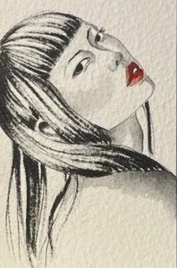 Original ACEO in watercolor by Viviana Scala. Delia in black white red portrait - Picture 1 of 3